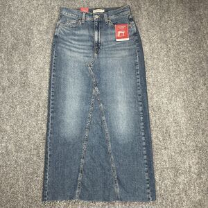Levis Denim Maxi Skirt Size 2 Mid Rise Comfort Stretch Open Rear Slit NEW W Tags